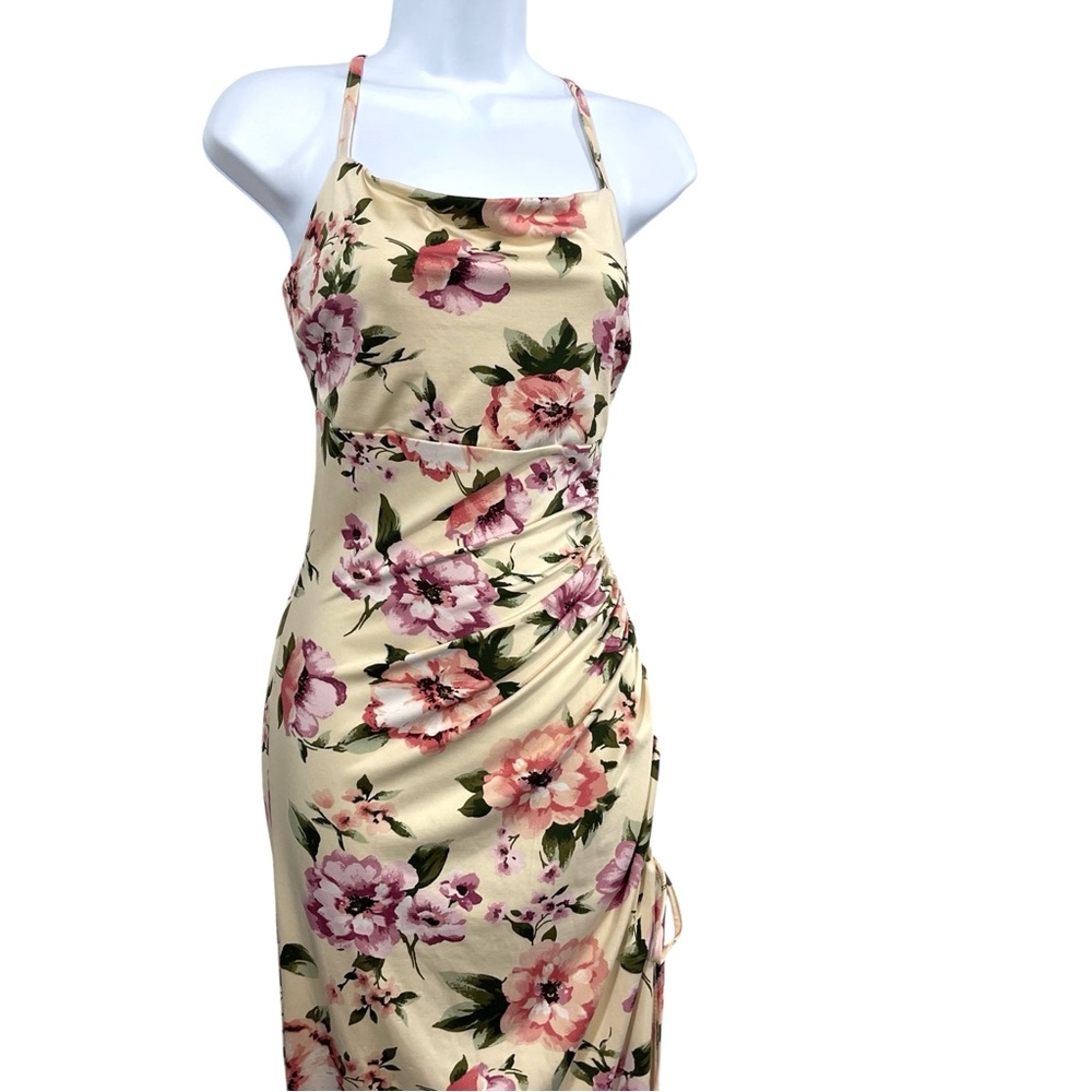 Floral Ruched Maxi Dress in Cream and Pink Flowers - Picture 2 of 12